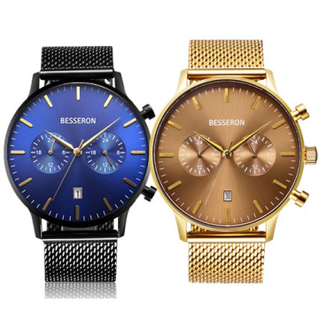 subdial blue face gold plated  men wrist watch , luxury gold watches stainless steel chrono
